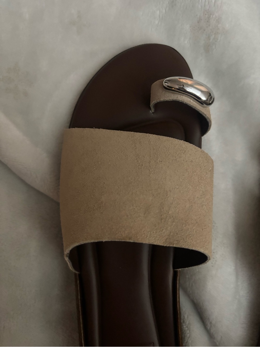 Dolce Vita Beige Suede Slide Sandals with Silver Accent - Picture 5 of 8